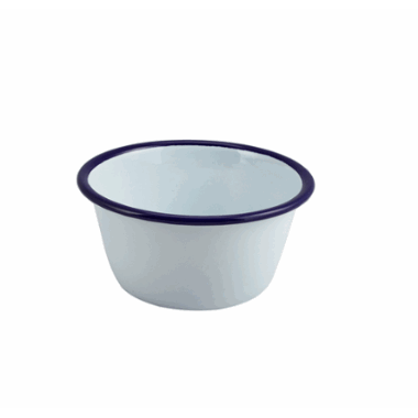 Enamel Round Deep Pie Dish White with Blue Rim 12cm